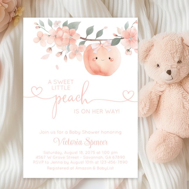 Sweet Little Girl Peach Baby Shower Invitation (Adorable baby girl peach baby shower invitation with cute sleepy baby peach.)