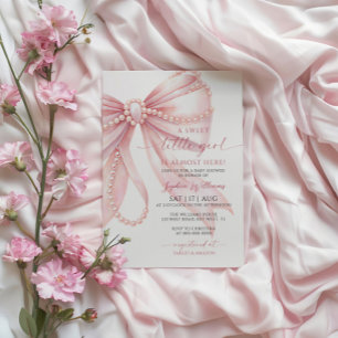 Sweet Little Girl Pearl Pink Bow Baby Shower Invitation