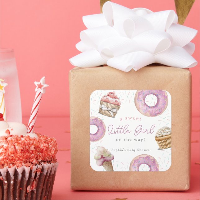 Sweet Little Girl Pink Cupcake & Donut Baby Shower Square Sticker (Party)