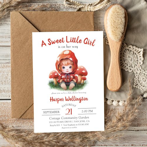Sweet Little Girl Red Mushroom Baby Shower Invitation