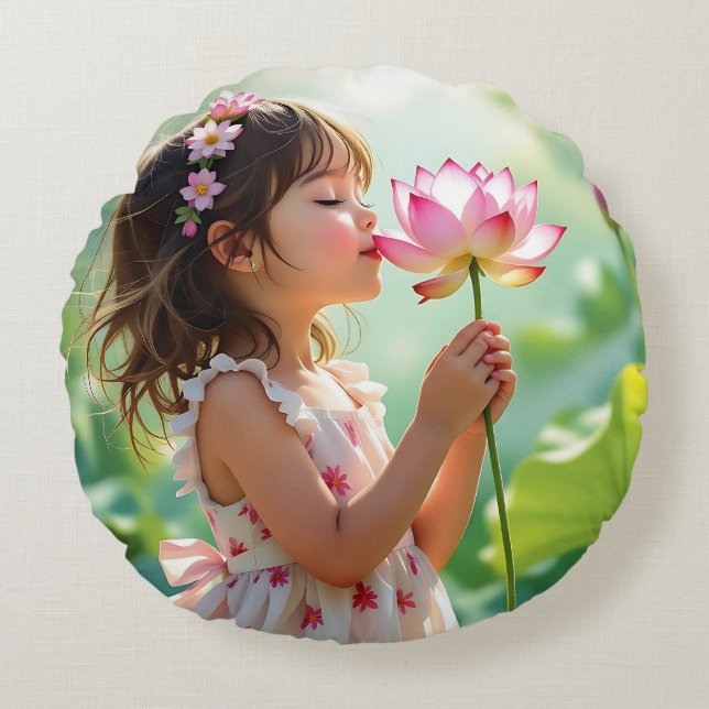 Sweet Little Girl Smelling a Flower Round Pillow (Front)