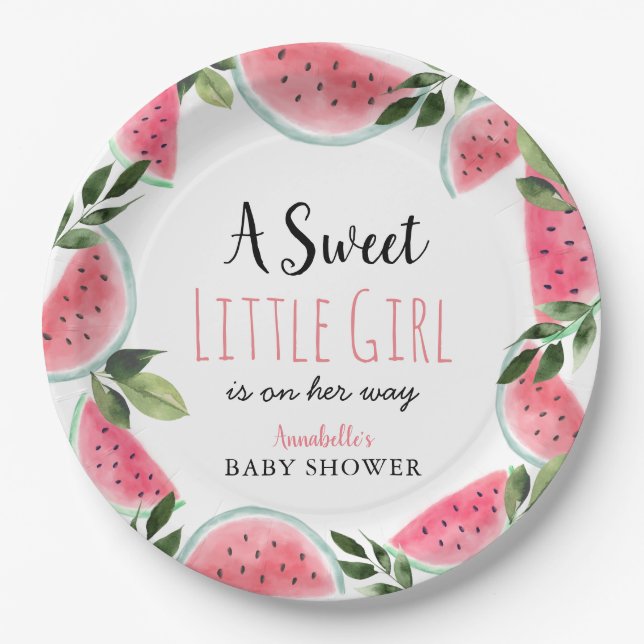 Sweet Little Girl Watermelon Baby Shower Paper Plates (Front)