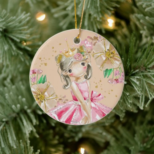 Sweet Little Gold Glitter Blush Ballerina Christma Ceramic Ornament