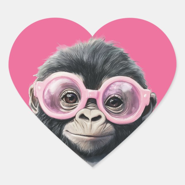  Sweet Little Gorilla Pink Background Heart Sticker (Front)