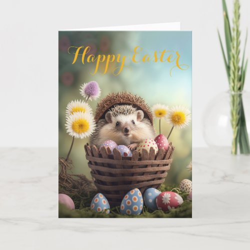 Sweet Little Hedgehog in an Easter Basket Holiday Card