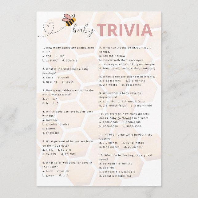 Sweet Little Honey Baby Shower Baby Trivia Note Card (Front)