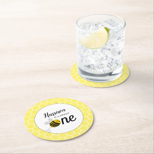 Sweet Little Honey Bee 1st Birthday Party Round Paper Coaster