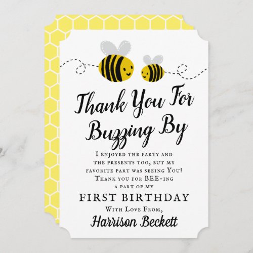 Sweet Little Honey Bee 1st Birthday Thank You Card