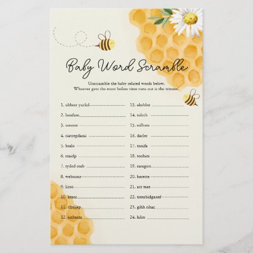 Sweet Little Honey Bee Baby Shower Word Scramble