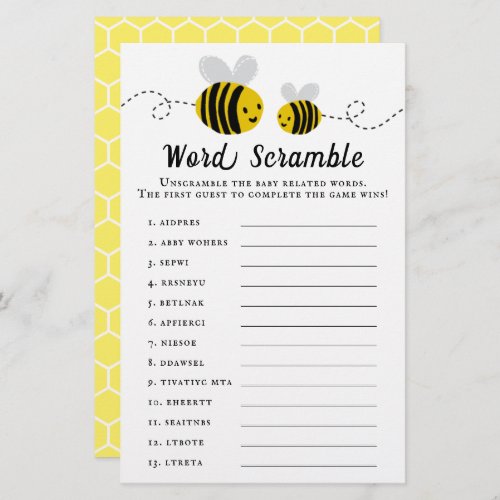 Sweet Little Honey Bee Baby Shower Word Scramble