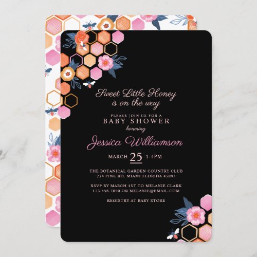 Sweet Little Honey On The Way  Black Floral Bee Invitation