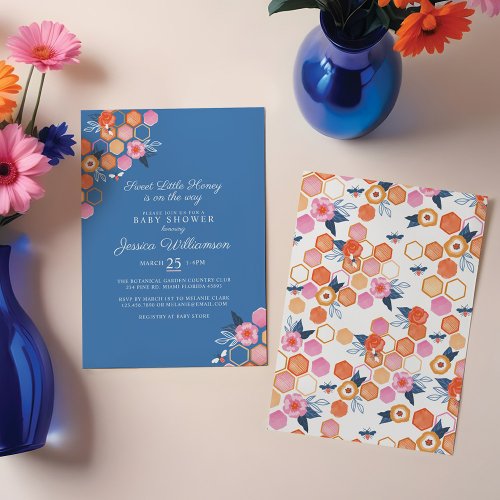 Sweet Little Honey On The Way  Blue Floral Bee Invitation