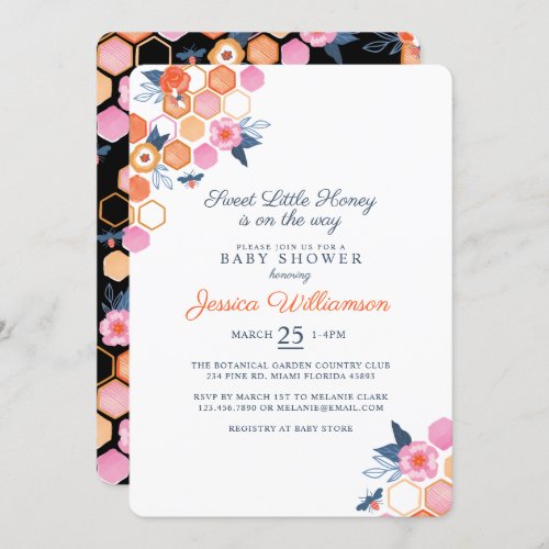 Sweet Little Honey On The Way  White Floral Bee Invitation