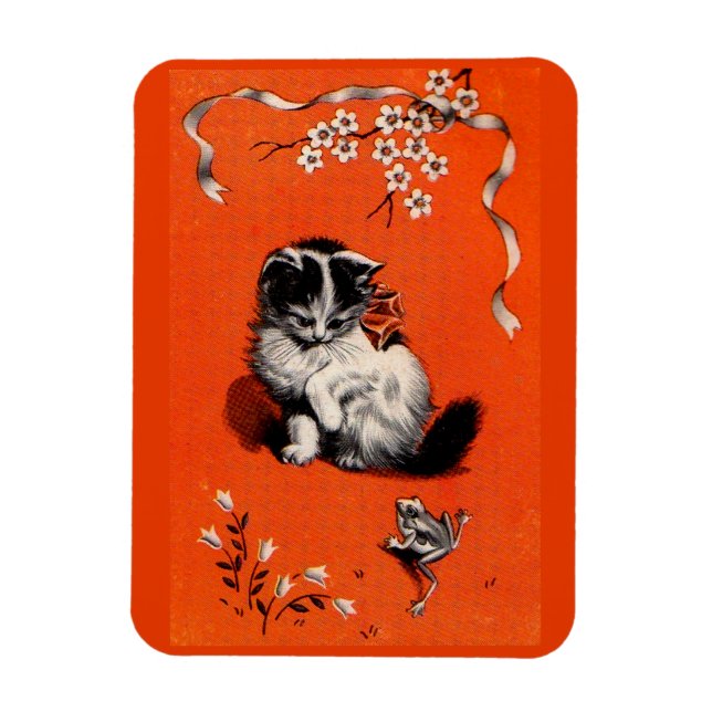 sweet little kitten and frog magnet (Vertical)