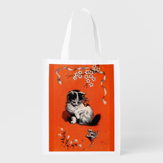 sweet little kitten and frog print reusable grocery bag (Front)