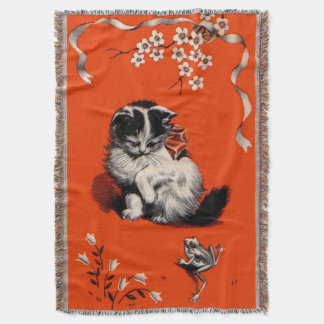 sweet little kitten and frog print throw blanket