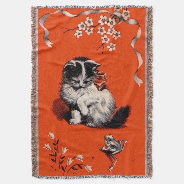 sweet little kitten and frog print throw blanket (Front Vertical)
