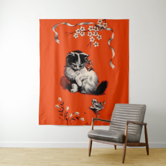 sweet little kitten and frog tapestry