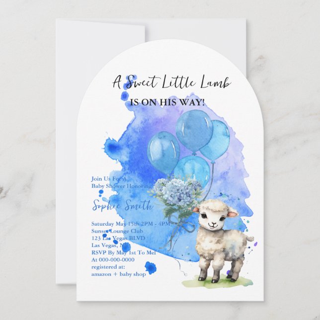 Sweet Little Lamb Baby Shower Blue Arch Invitation (Front)