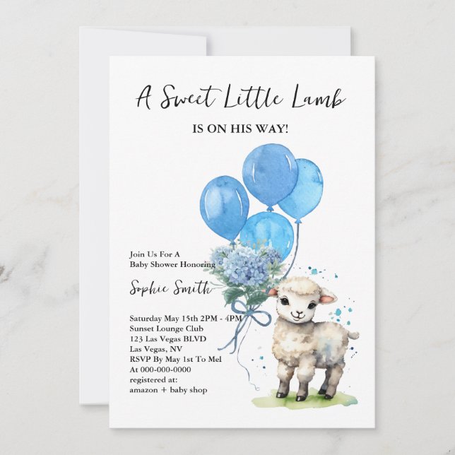 Sweet Little Lamb Baby Shower Blue Watercolor Invitation (Front)