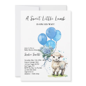 Sweet Little Lamb Baby Shower Blue Watercolor Invitation