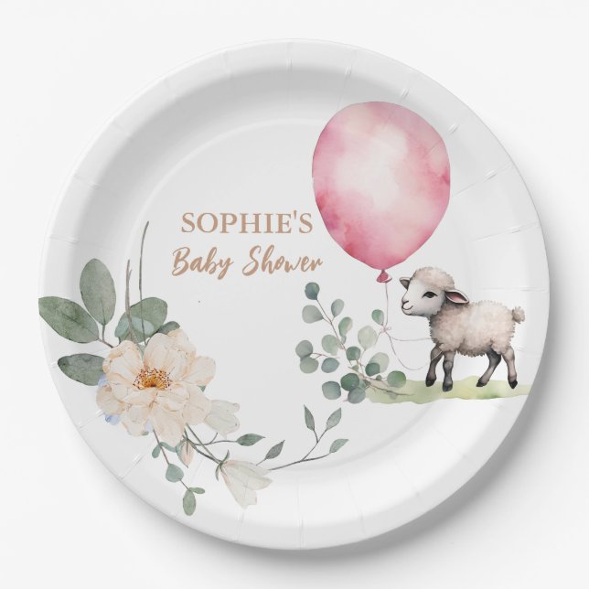 “Sweet Little Lamb” Baby Shower Pink Floral Paper Plates (Front)