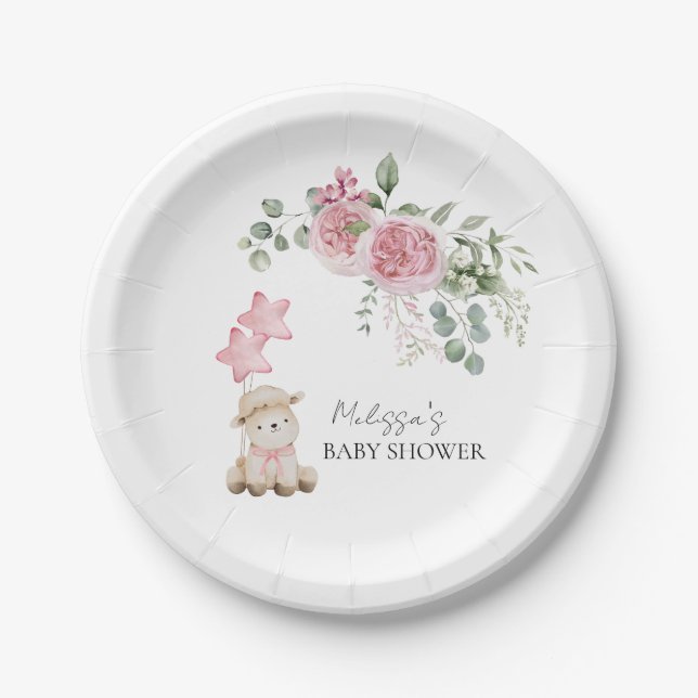 Sweet Little Lamb Girl Pink Roses Flower Greenery  Paper Plates (Front)