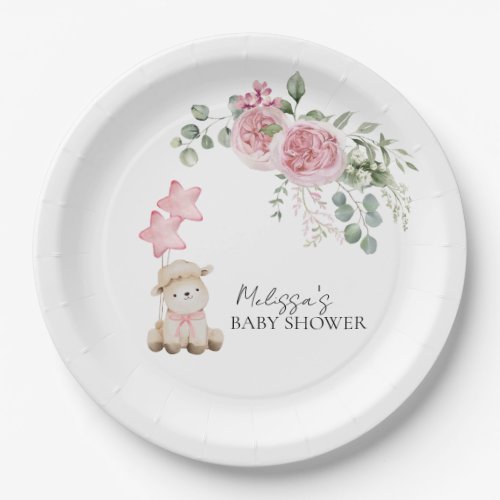 Sweet Little Lamb Girl Pink Roses Flowers Greenery Paper Plates