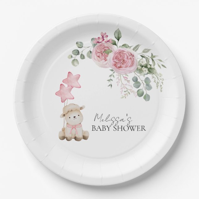 Sweet Little Lamb Girl Pink Roses Flowers Greenery Paper Plates (Front)