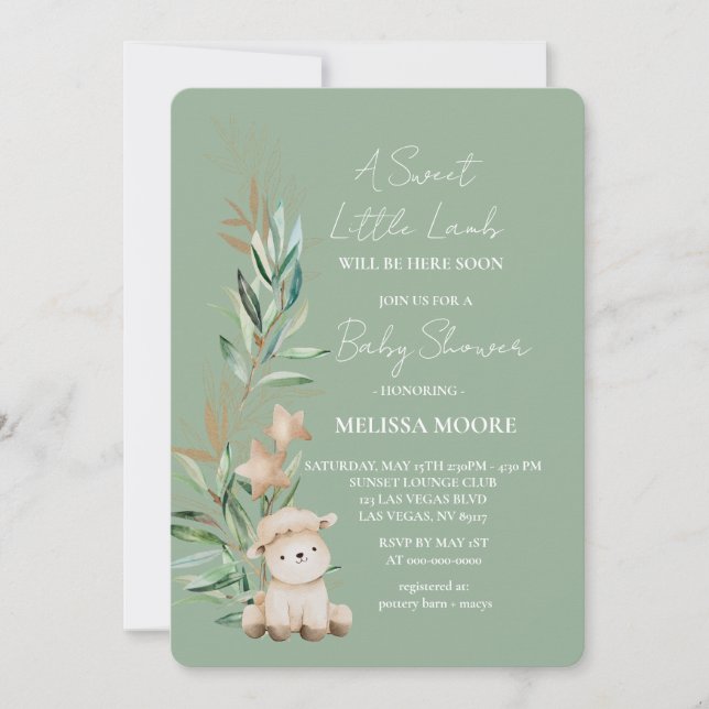 Sweet Little Lamb Greenery baby shower sage green Invitation (Front)