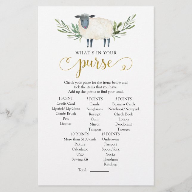 Sweet Little Lamb Greenery What's in Your Purse (Front)