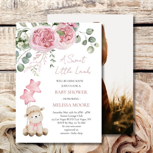 Sweet Little Lamb Mauve Pink baby shower photo Invitation