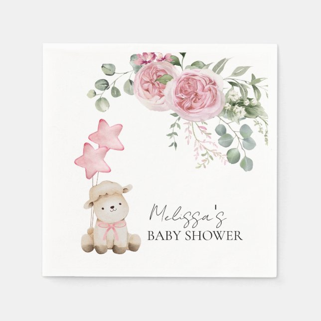 Sweet Little Lamb Pink Roses Greenery Napkins (Front)