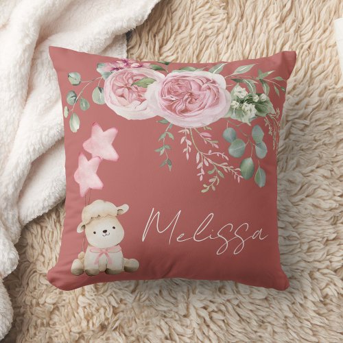 Sweet Little Lamb Pink Roses Greenery Personalize Throw Pillow