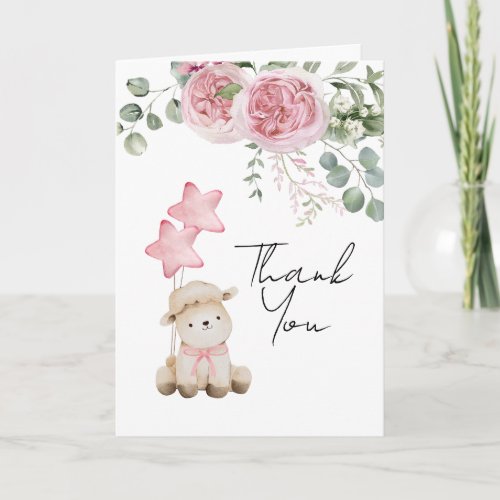Sweet Little Lamb Pink Roses greenery photo  Thank You Card