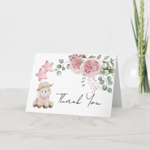 Sweet Little Lamb Pink Roses greenery photo Thank You Card