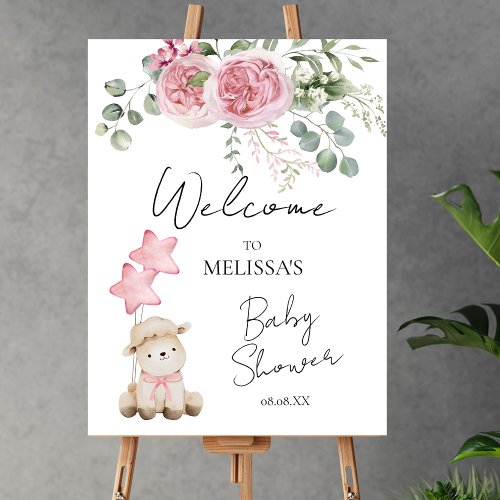 Sweet Little Lamb Pink Roses Greenery Welcome Sign