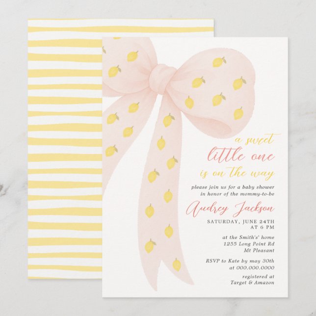 Sweet Little Lemon Pink Coquette Bow Baby Shower Invitation (Front/Back)