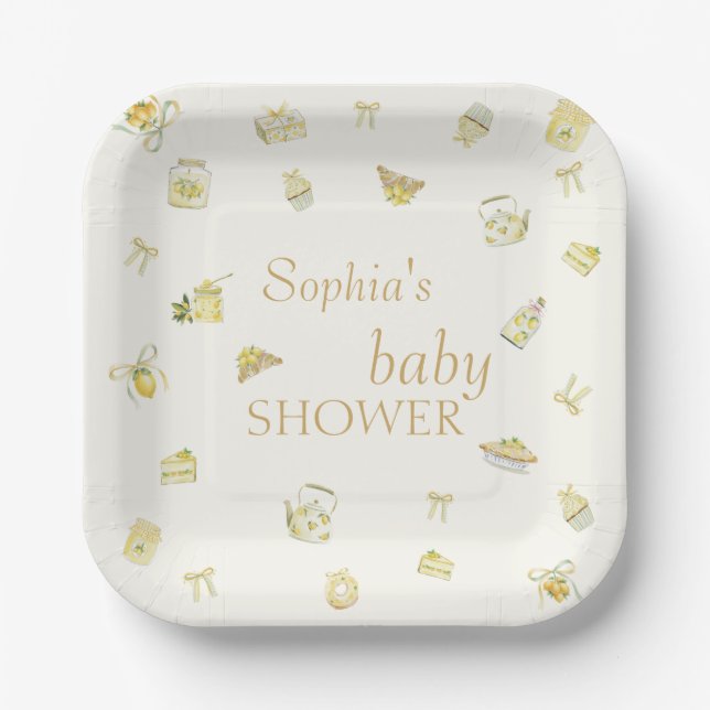 Sweet Little Lemon Watercolor Baby Shower Paper Plates (Front)