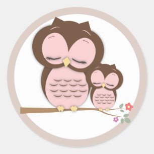 Sweet Little Mama & Baby Owl on a Branch Classic Round Sticker