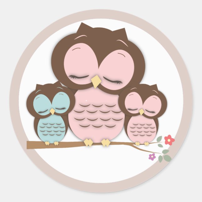 Sweet Little Mama & Twin Baby Owls on a Branch Classic Round Sticker (Front)