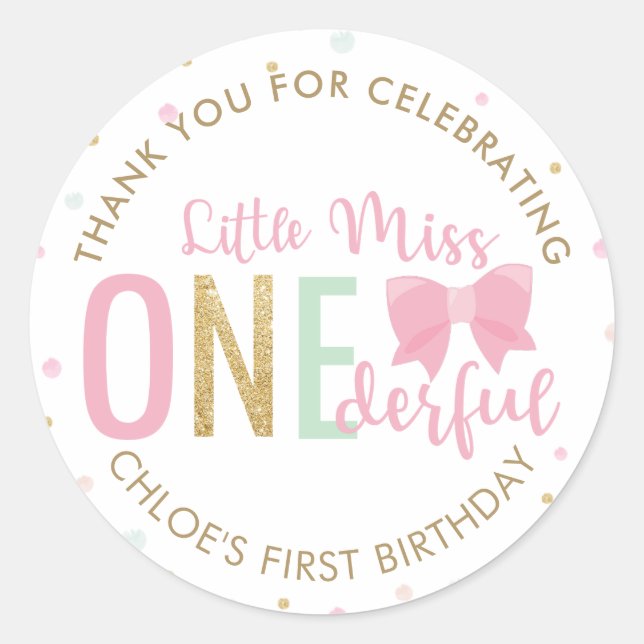 Sweet Little Miss Onederful 1st First Birthday  Classic Round Sticker (Front)