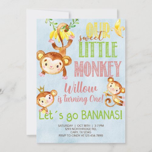 Sweet little monkey any age girl birthday invite invitation