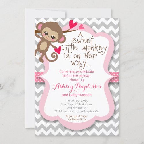 Sweet Little Monkey Girl Baby Shower Invitation