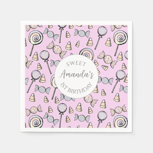 Sweet Little One Candy Theme 1st Birthday Custom Napkins (Front)