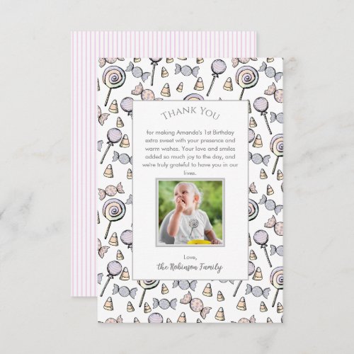 Sweet Little One Candy Theme 1st Birthday Thank You Card