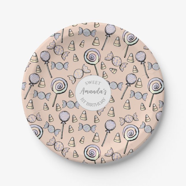 Sweet Little One Candy Theme First Birthday Paper Plates (Front)