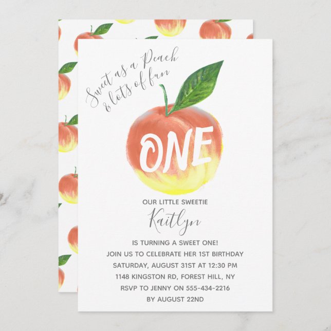 Sweet Little Peach 1st Birthday Invitation (Front/Back)