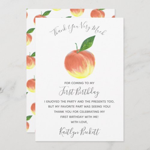Sweet Little Peach 1st Birthday Thank You Card