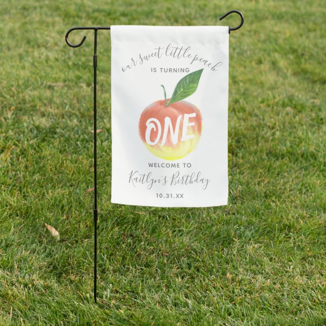 Sweet Little Peach 1st Birthday Welcome Garden Flag (In SItu)